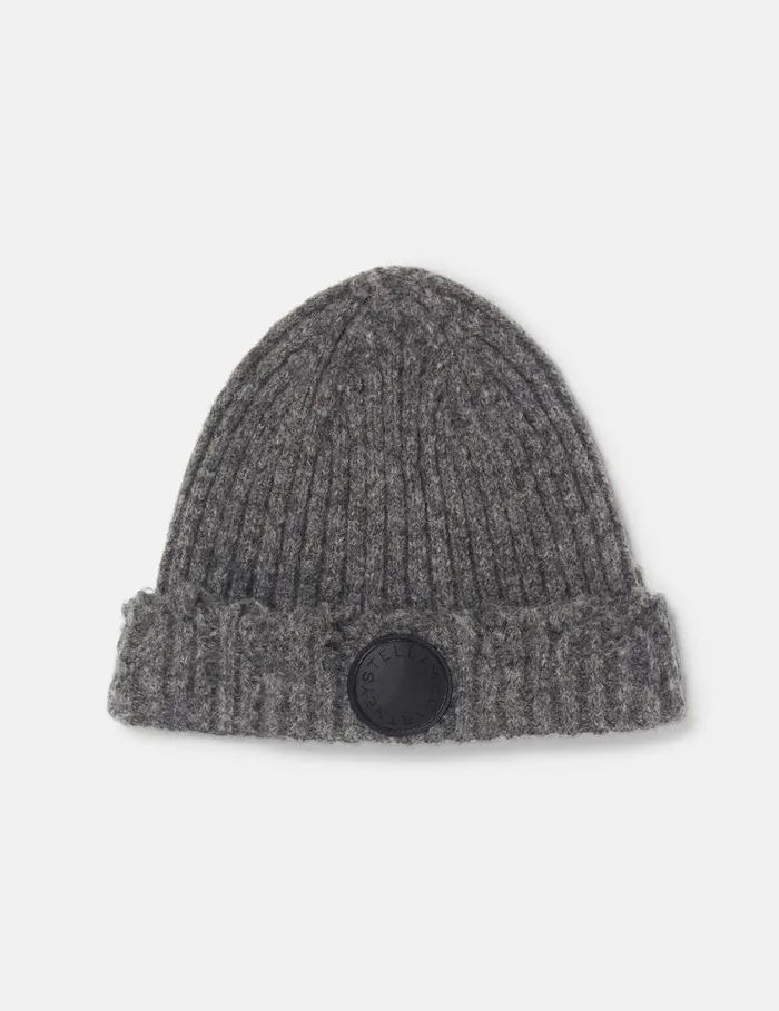 Women Distressed Ribbed Knit Beanie Charcoal Grey Stella McCartney Knitwear
