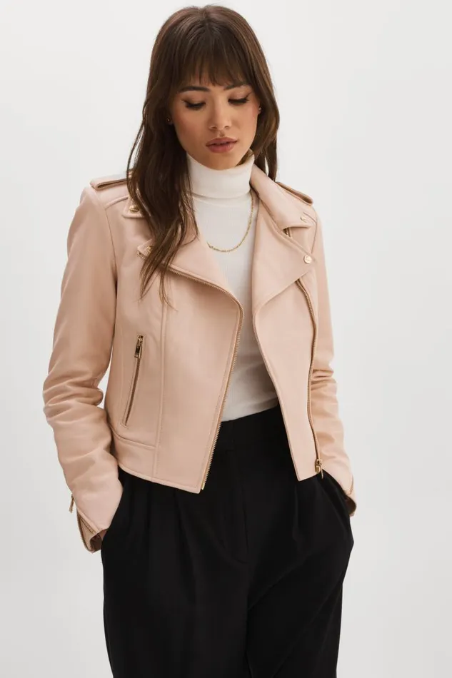 Women DONNA GOLD Iconic Leather Biker Jacket Ballet Pink LAMARQUE Leather Jackets