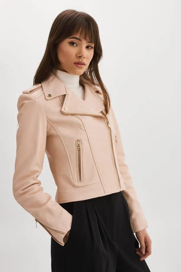 Women DONNA GOLD Iconic Leather Biker Jacket Ballet Pink LAMARQUE Leather Jackets