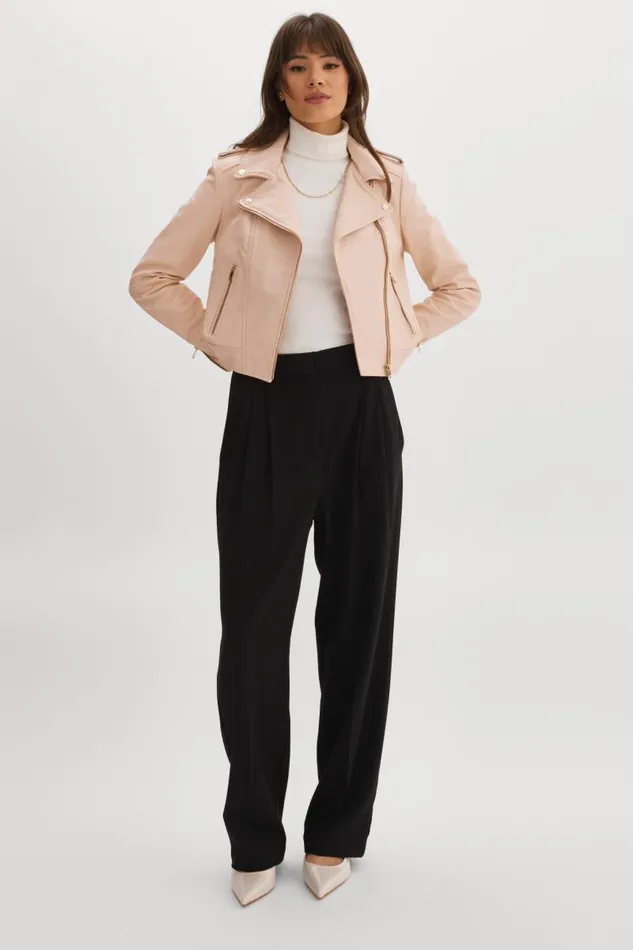 Women DONNA GOLD Iconic Leather Biker Jacket Ballet Pink LAMARQUE Leather Jackets