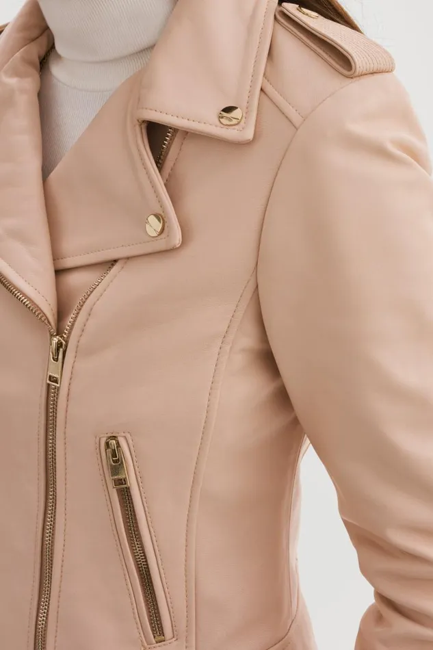 Women DONNA GOLD Iconic Leather Biker Jacket Ballet Pink LAMARQUE Leather Jackets