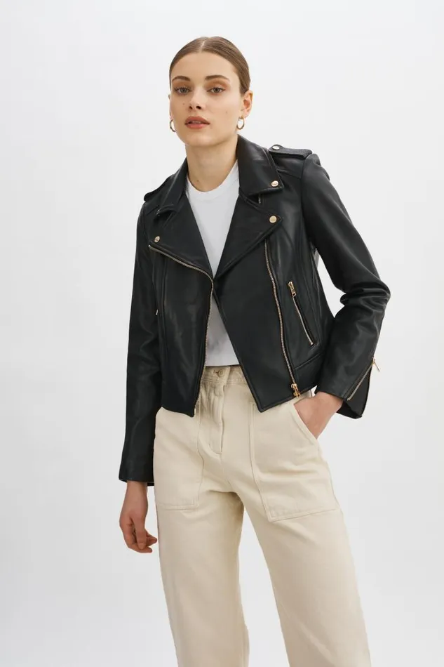 Women DONNA GOLD Iconic Leather Biker Jacket Black LAMARQUE Leather Jackets