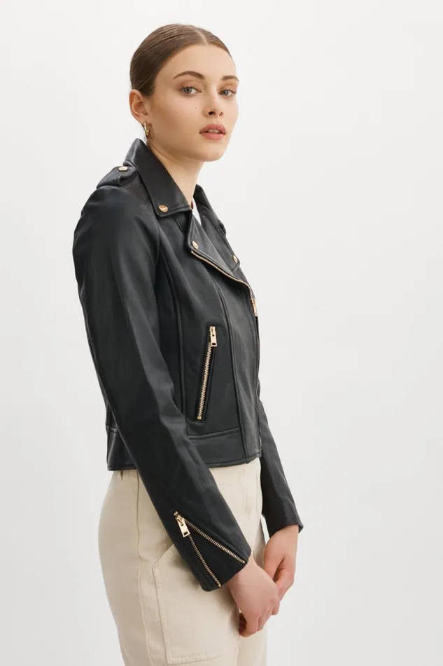 Women DONNA GOLD Iconic Leather Biker Jacket Black LAMARQUE Leather Jackets
