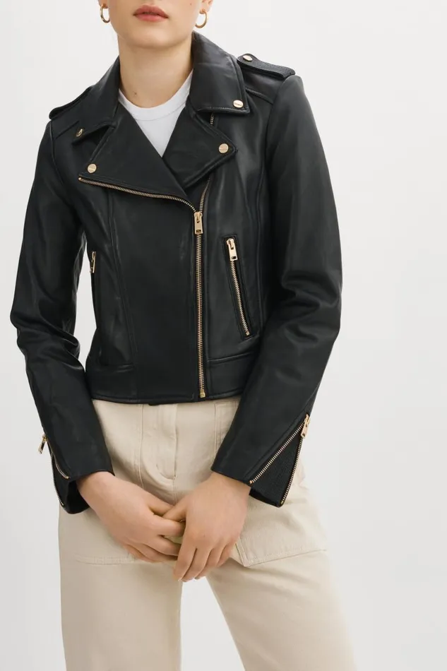 Women DONNA GOLD Iconic Leather Biker Jacket Black LAMARQUE Leather Jackets