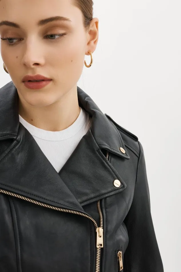 Women DONNA GOLD Iconic Leather Biker Jacket Black LAMARQUE Leather Jackets