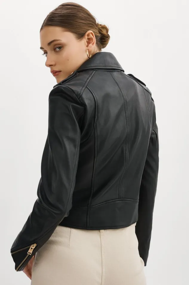 Women DONNA GOLD Iconic Leather Biker Jacket Black LAMARQUE Leather Jackets