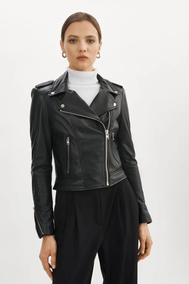 Women DONNA Iconic Leather Biker Jacket Black LAMARQUE Leather Jackets