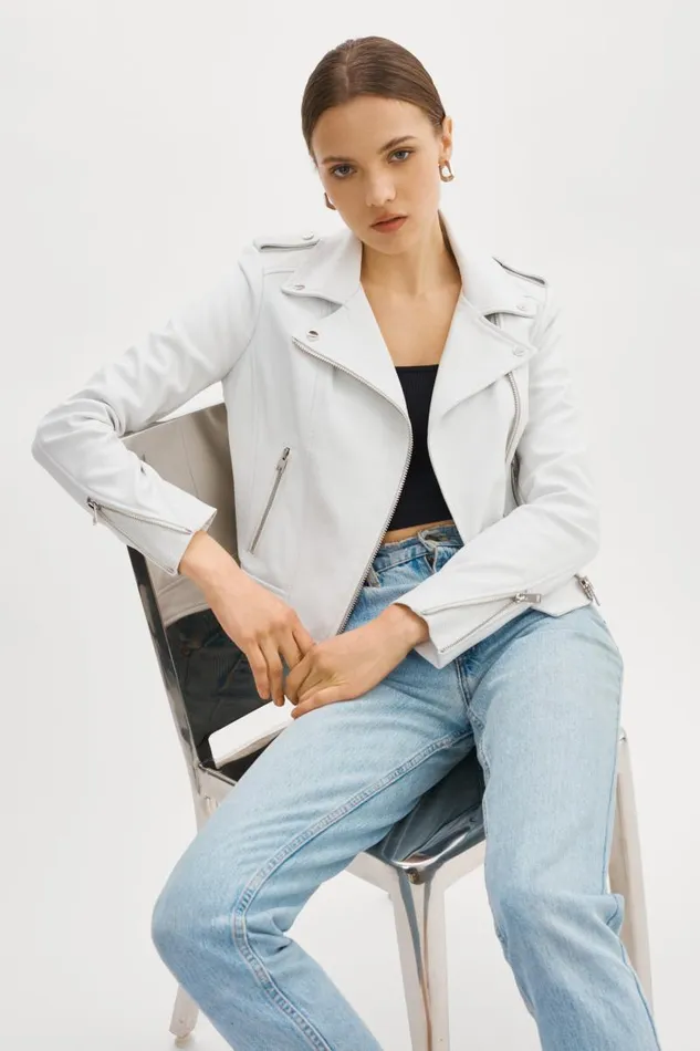 Women DONNA Iconic Leather Biker Jacket White LAMARQUE Leather Jackets
