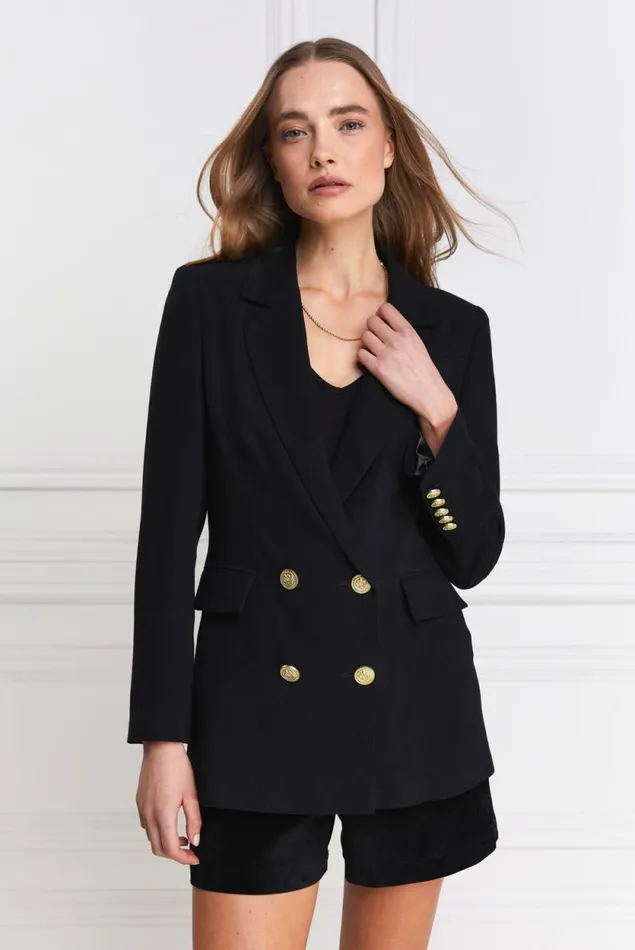 Women Double Breasted Blazer Black Linen Holland Cooper Blazers