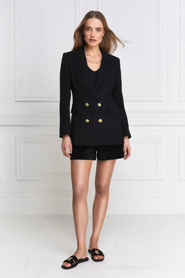 Women Double Breasted Blazer Black Linen Holland Cooper Blazers