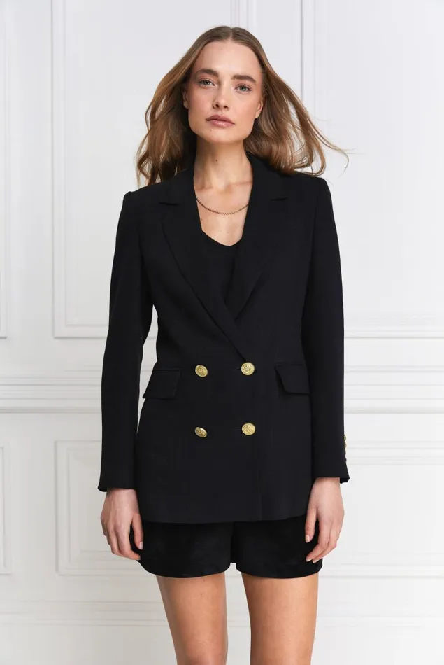 Women Double Breasted Blazer Black Linen Holland Cooper Blazers