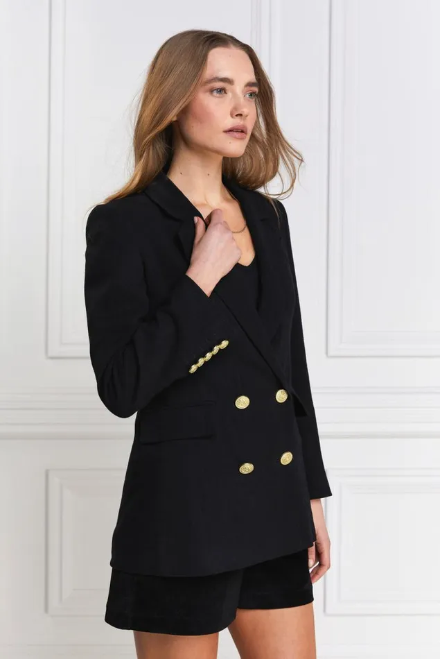 Women Double Breasted Blazer Black Linen Holland Cooper Blazers
