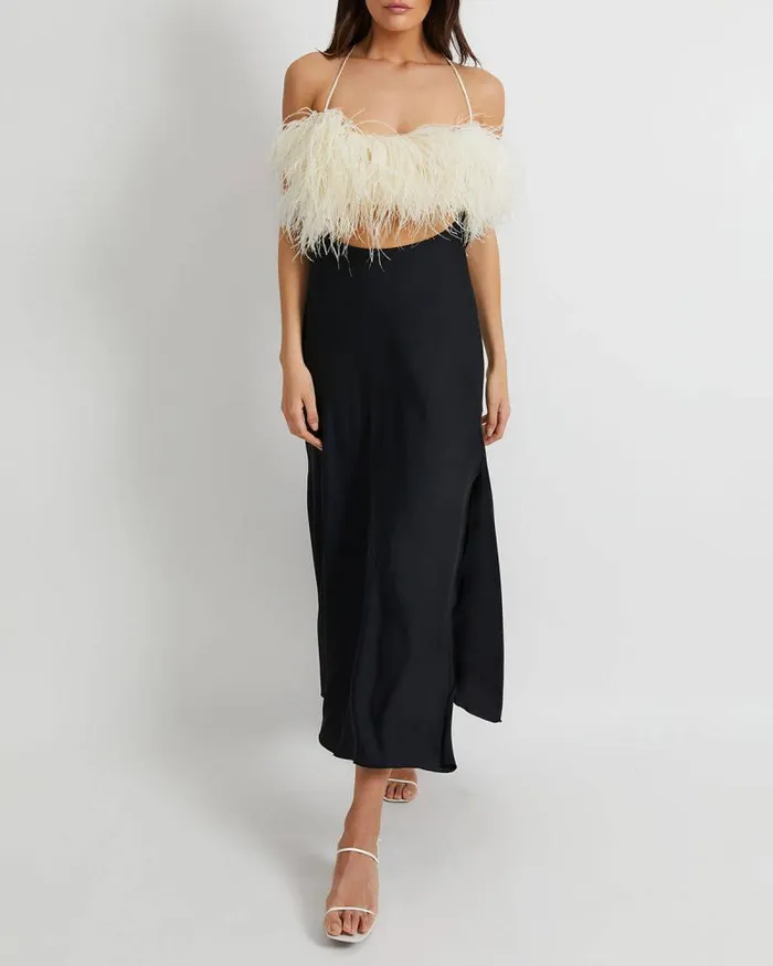 Women Dresses and Jumpsuits PatBO Feather Trim Maxi Slip Dress FINAL SALE Black