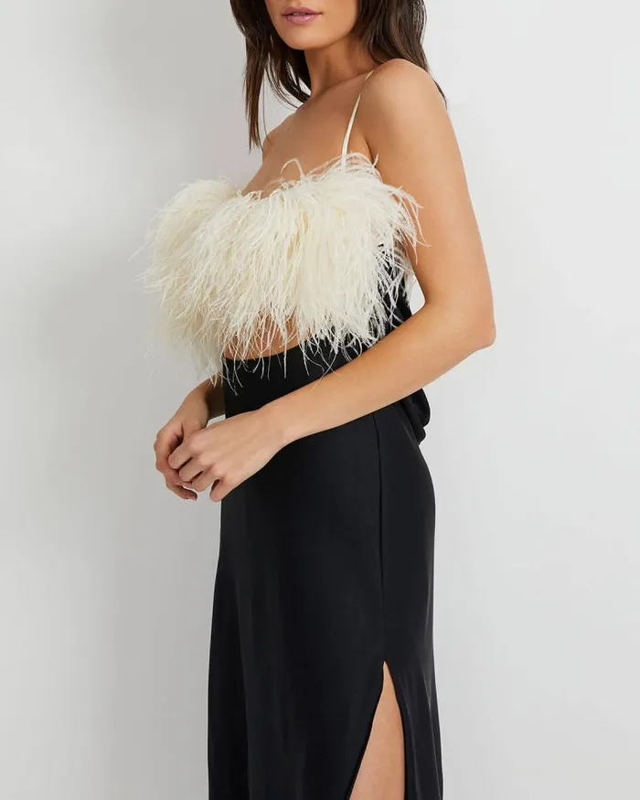 Women Dresses and Jumpsuits PatBO Feather Trim Maxi Slip Dress FINAL SALE Black