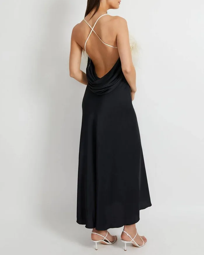 Women Dresses and Jumpsuits PatBO Feather Trim Maxi Slip Dress FINAL SALE Black