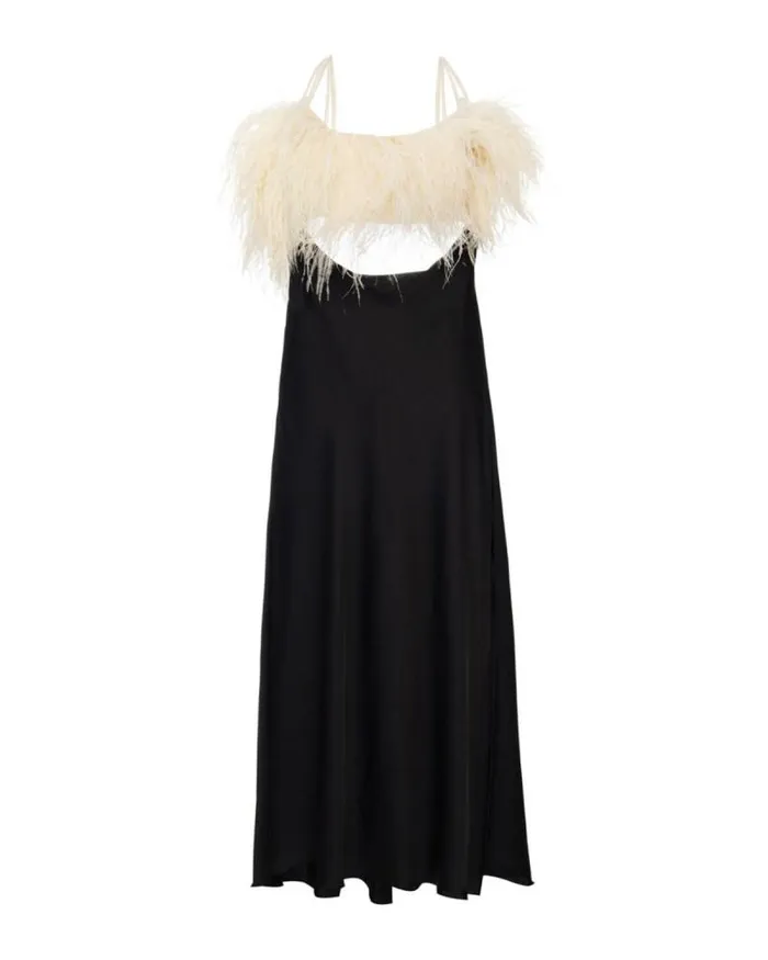 Women Dresses and Jumpsuits PatBO Feather Trim Maxi Slip Dress FINAL SALE Black