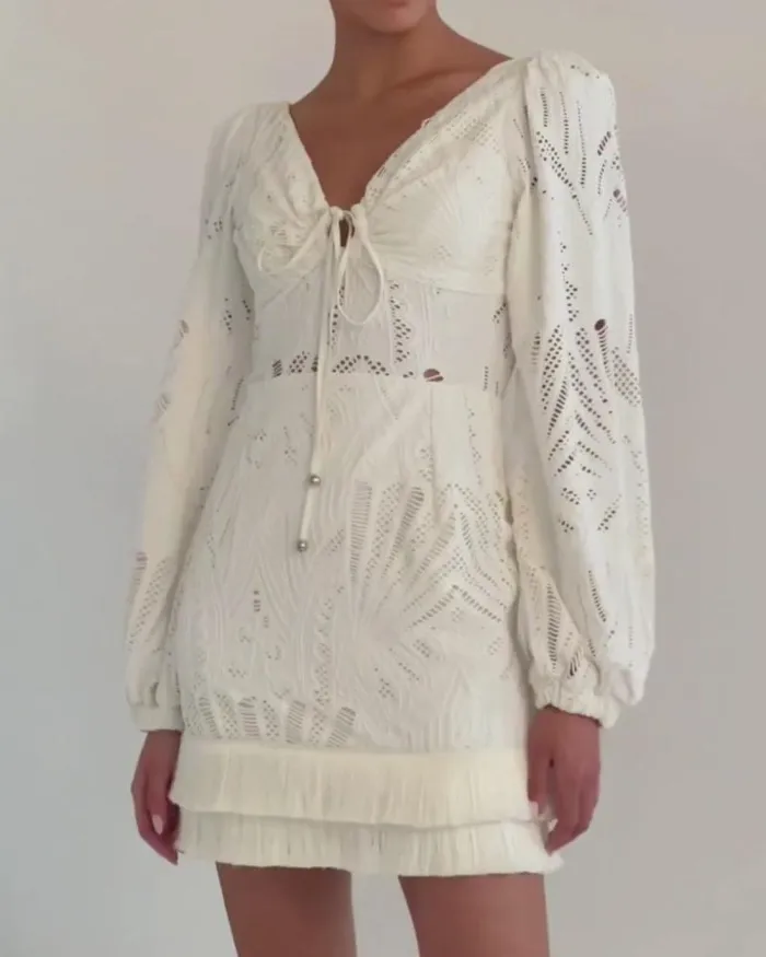Women Dresses and Jumpsuits PatBO Long Sleeve Lace Mini Dress FINAL SALE Ivory