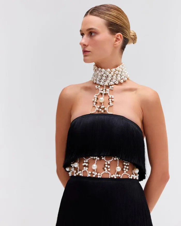 Women Dresses and Jumpsuits PatBO PEARL AND FRINGE HALTERNECK MINI DRESS EXCLUSIVE Black