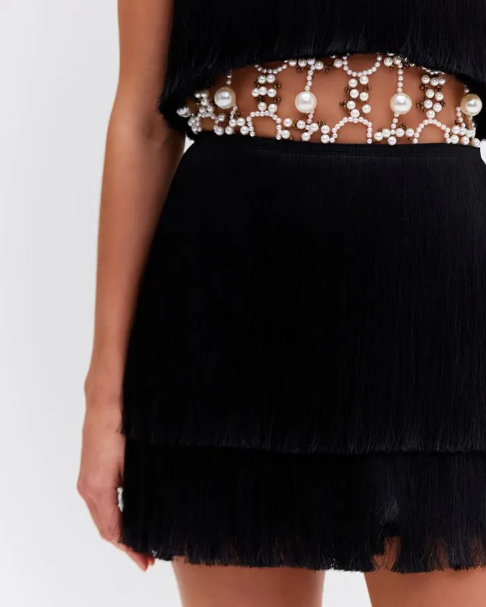 Women Dresses and Jumpsuits PatBO PEARL AND FRINGE HALTERNECK MINI DRESS EXCLUSIVE Black