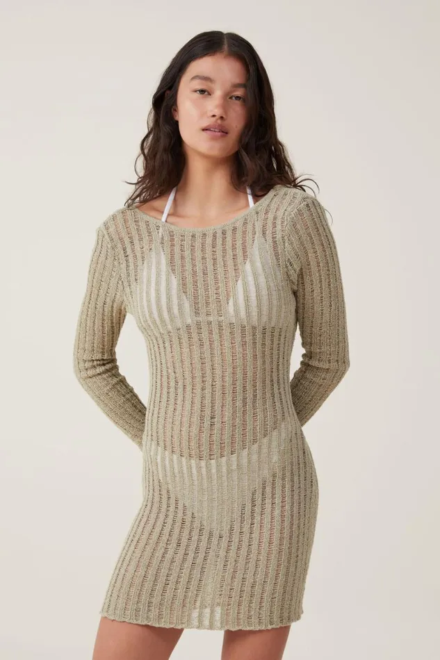 Women Dresses Cotton On Ladder Knit Mini Dress Desert Sage