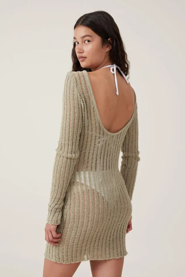 Women Dresses Cotton On Ladder Knit Mini Dress Desert Sage