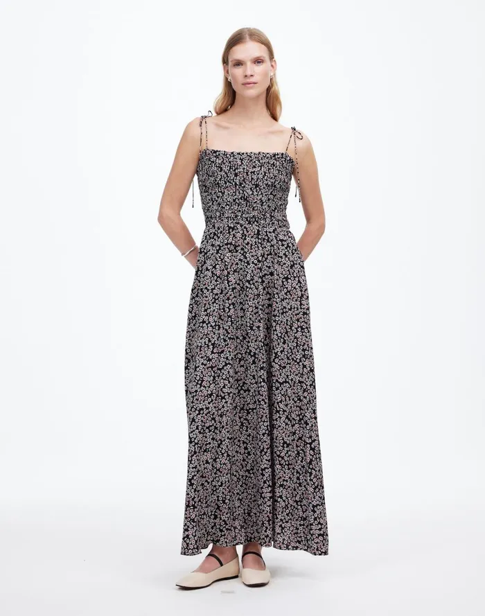Women Dresses Madewell Smocked TieStrap Midi Dress In Floral Daisy Black Ground