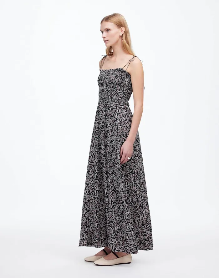 Women Dresses Madewell Smocked TieStrap Midi Dress In Floral Daisy Black Ground