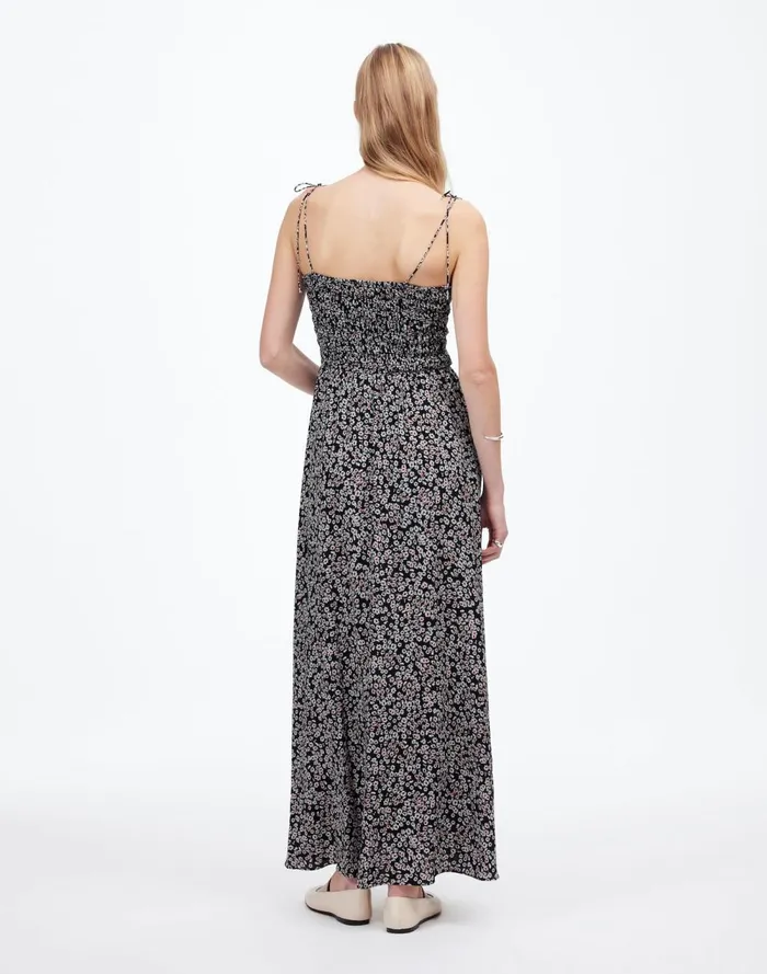 Women Dresses Madewell Smocked TieStrap Midi Dress In Floral Daisy Black Ground