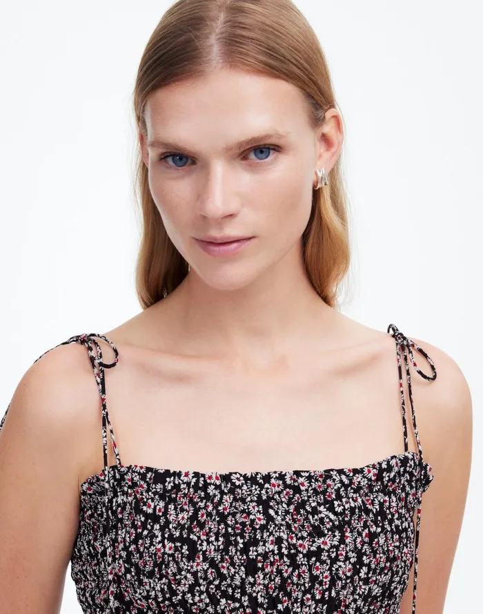Women Dresses Madewell Smocked TieStrap Midi Dress In Floral Daisy Black Ground