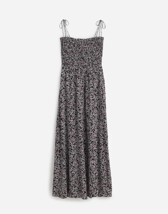 Women Dresses Madewell Smocked TieStrap Midi Dress In Floral Daisy Black Ground