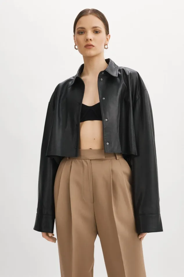 Women ELDA Leather Oversized Shirt Black LAMARQUE Shackets