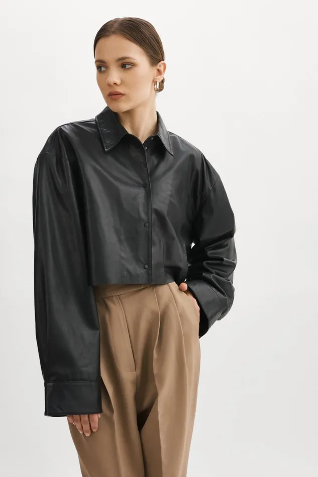 Women ELDA Leather Oversized Shirt Black LAMARQUE Shackets