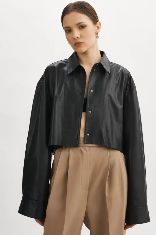 Women ELDA Leather Oversized Shirt Black LAMARQUE Shackets