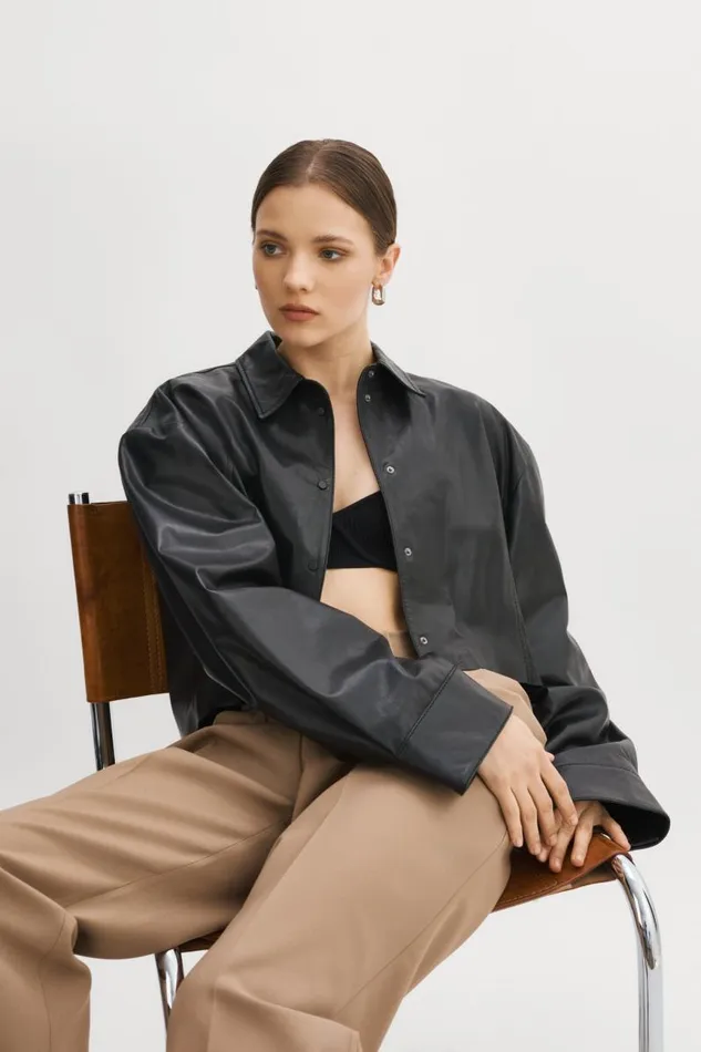 Women ELDA Leather Oversized Shirt Black LAMARQUE Shackets