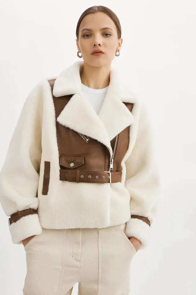 Women ELODY Faux Fur Jacket Ivory Brown LAMARQUE Faux Fur