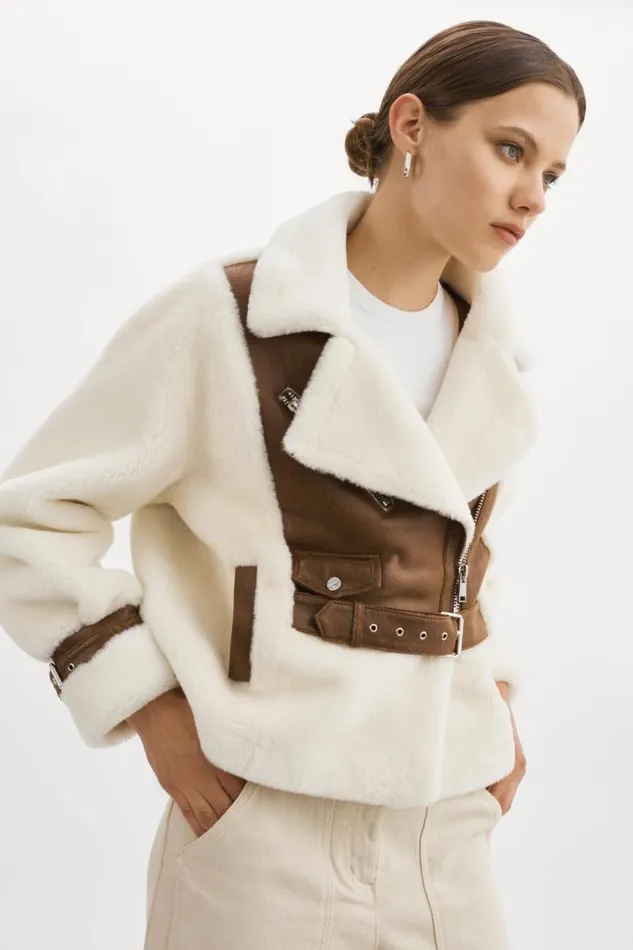 Women ELODY Faux Fur Jacket Ivory Brown LAMARQUE Faux Fur Women ELODY Faux Fur Jacket Ivory Brown LAMARQUE Faux Fur
