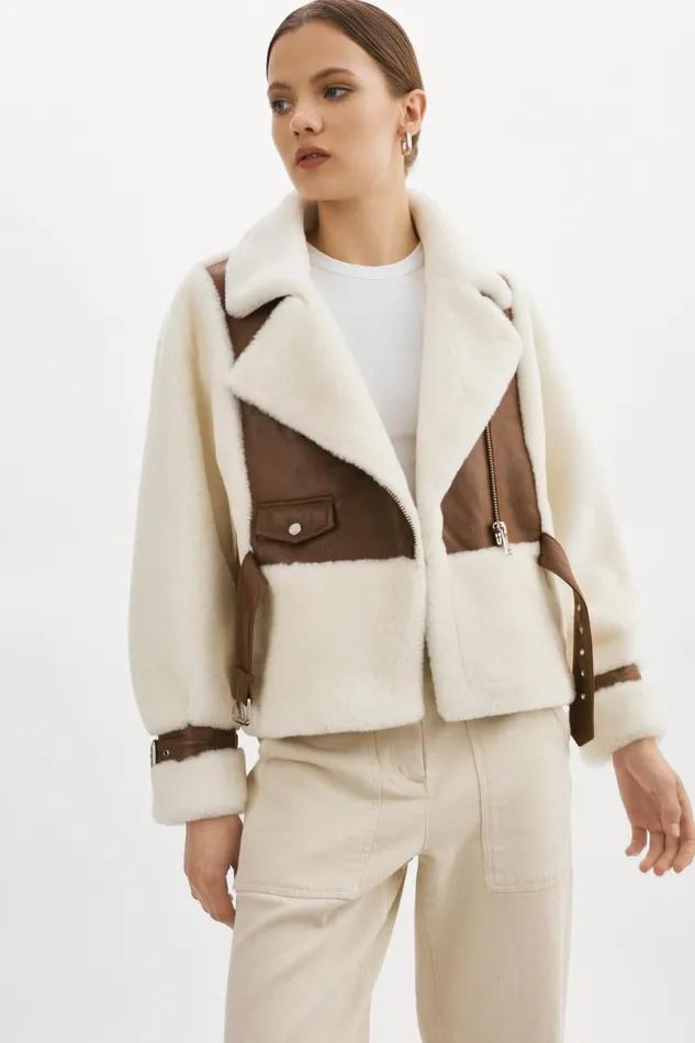 Women ELODY Faux Fur Jacket Ivory Brown LAMARQUE Faux Fur Women ELODY Faux Fur Jacket Ivory Brown LAMARQUE Faux Fur