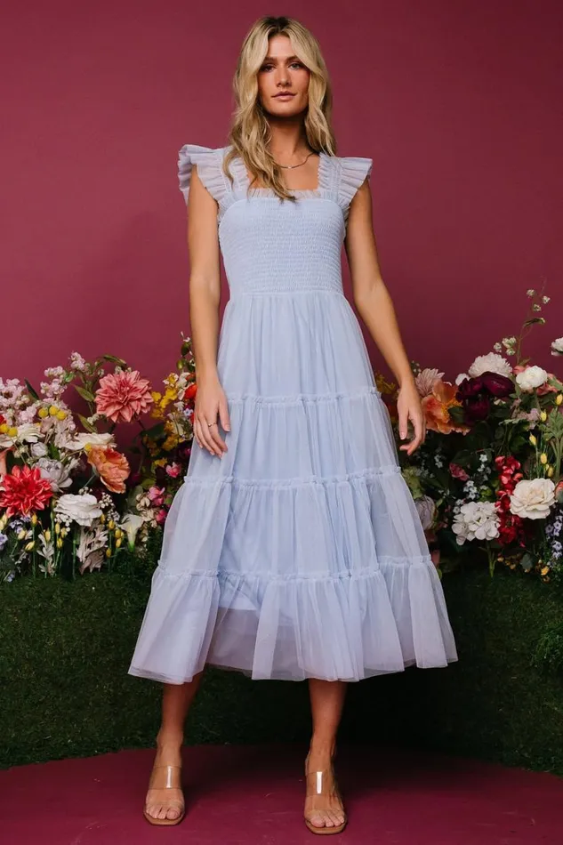 Women Emma Smocked Tulle Dress Light Blue Baltic Born Midi Dresses Women Emma Smocked Tulle Dress Light Blue Baltic Born Midi Dresses