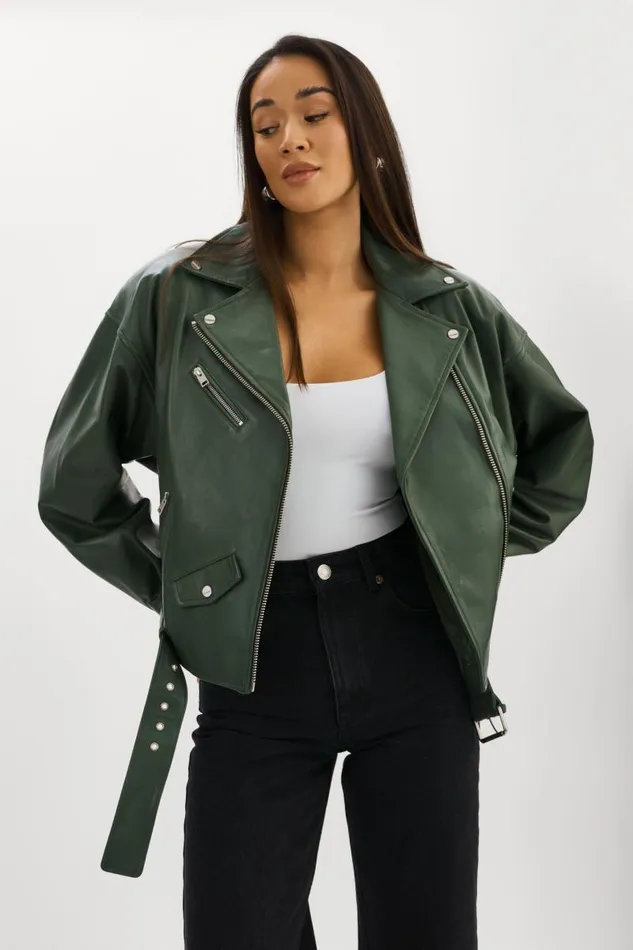 Women ESTIA Leather Biker Jacket Alpine Green LAMARQUE Leather Jackets