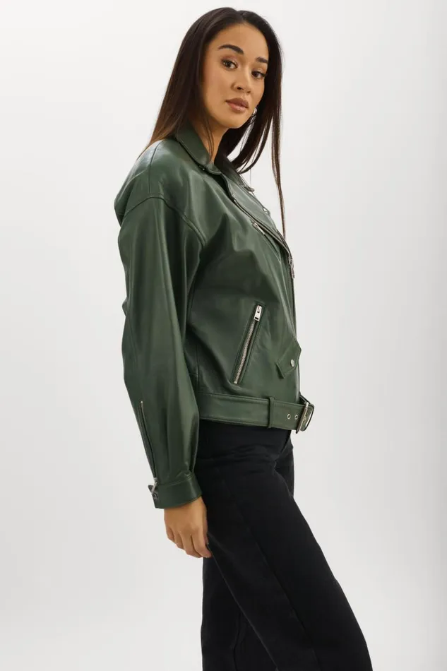 Women ESTIA Leather Biker Jacket Alpine Green LAMARQUE Leather Jackets Women ESTIA Leather Biker Jacket Alpine Green LAMARQUE Leather Jackets