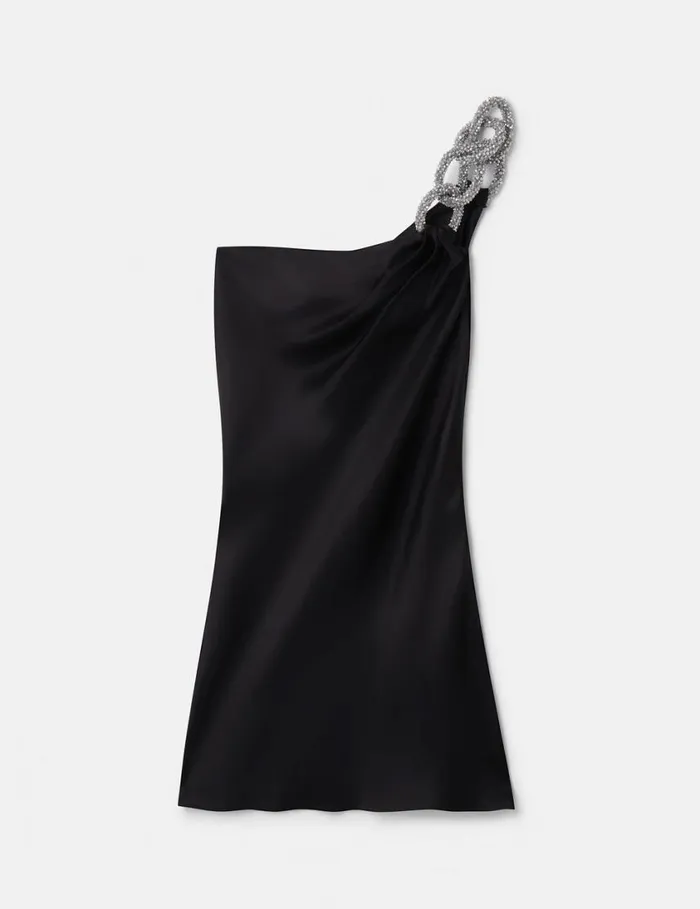 Women Falabella Crystal Chain Double Satin OneShoulder Mini Dress Black Stella McCartney Dresses