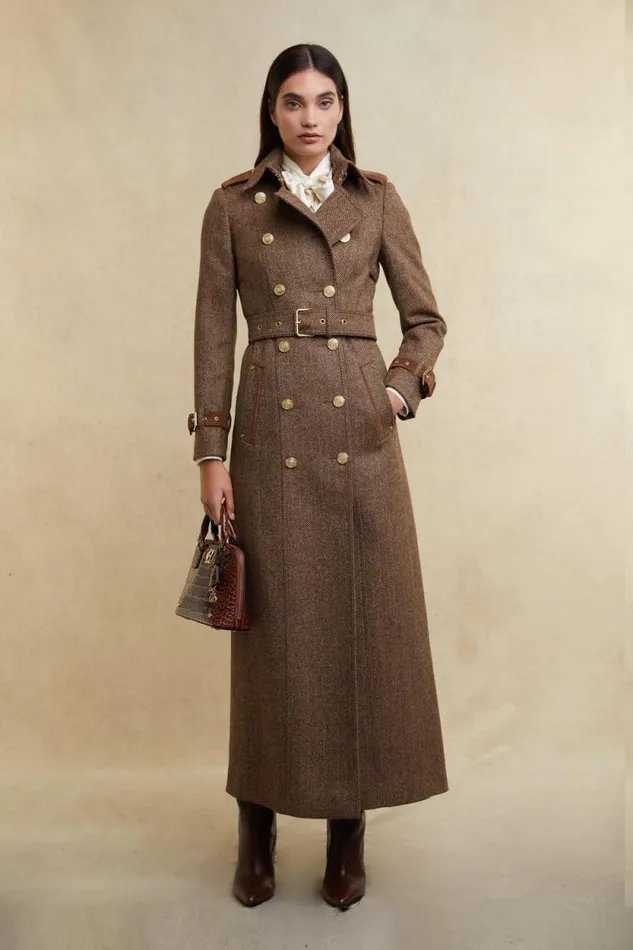 Women Full Length Marlborough Trench Coat Brown Herringbone Holland Cooper Coats