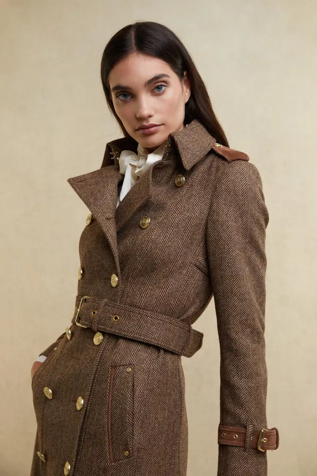 Women Full Length Marlborough Trench Coat Brown Herringbone Holland Cooper Coats