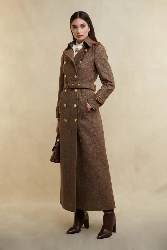 Women Full Length Marlborough Trench Coat Brown Herringbone Holland Cooper Coats