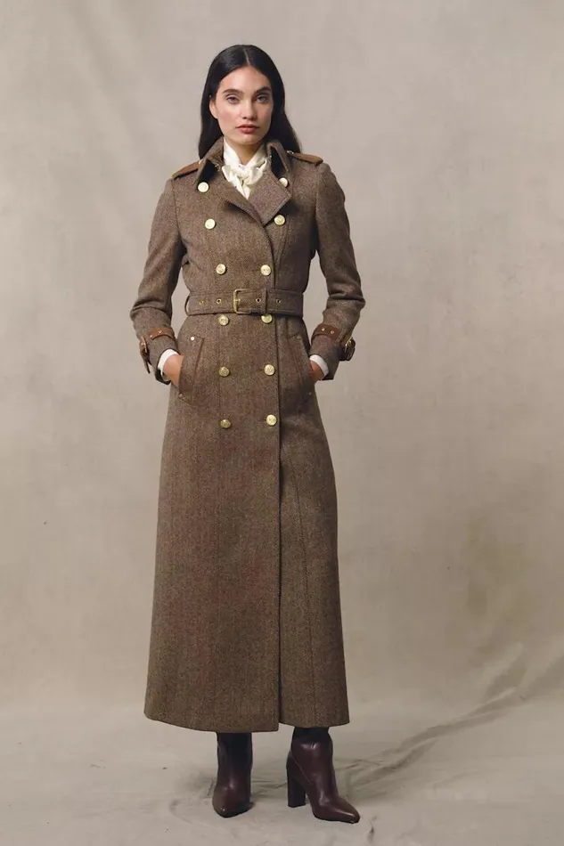 Women Full Length Marlborough Trench Coat Brown Herringbone Holland Cooper Coats