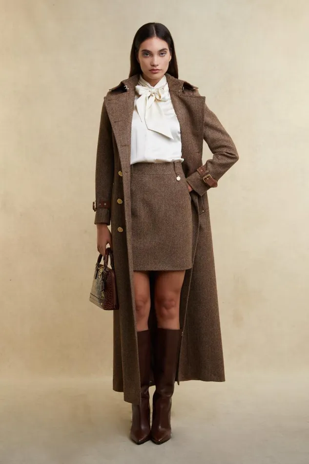 Women Full Length Marlborough Trench Coat Brown Herringbone Holland Cooper Coats