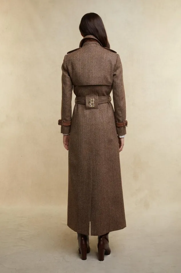 Women Full Length Marlborough Trench Coat Brown Herringbone Holland Cooper Coats