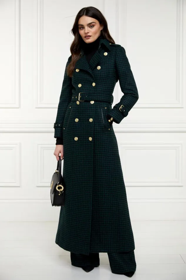 Women Full Length Marlborough Trench Coat Emerald Houndstooth Holland Cooper Tailoring