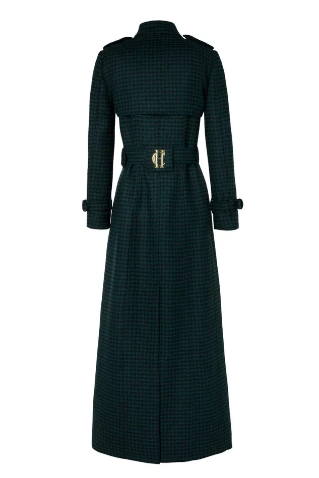 Women Full Length Marlborough Trench Coat Emerald Houndstooth Holland Cooper Tailoring