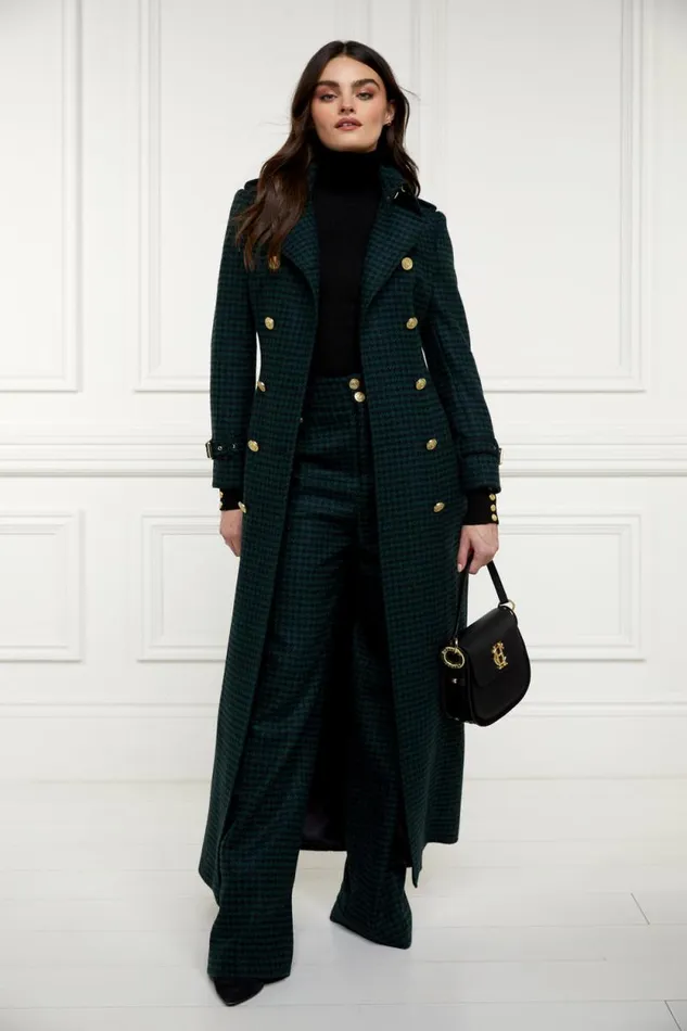Women Full Length Marlborough Trench Coat Emerald Houndstooth Holland Cooper Tailoring